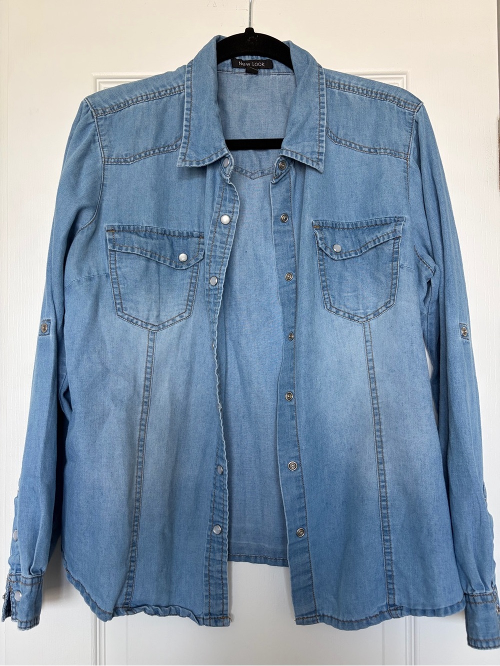 New Look Light Wash Denim Western Shirt Pearl Snap Womens XL Long Sleeve